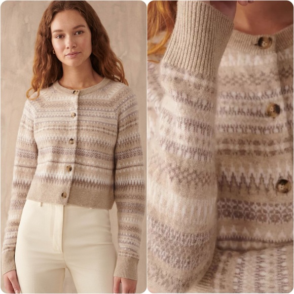 White + Warren Sweaters - EUC White + Warren Warm Neutral Cashmere Fair Isle Cardigan Sweater